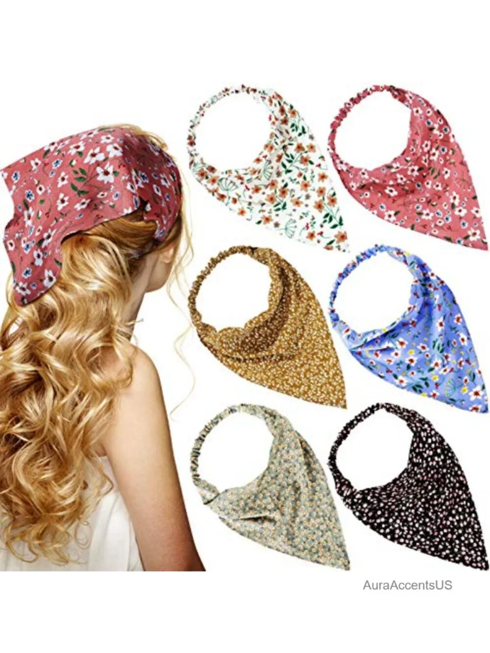 6 Pcs Floral Bandanas Headband with Clips, Boho Hair Scarf, Chiffon